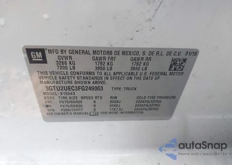 2015 GMC Sierra 1500 Sle z USA, uszkodzony, nr VIN 3GTU2UEC3FG249063